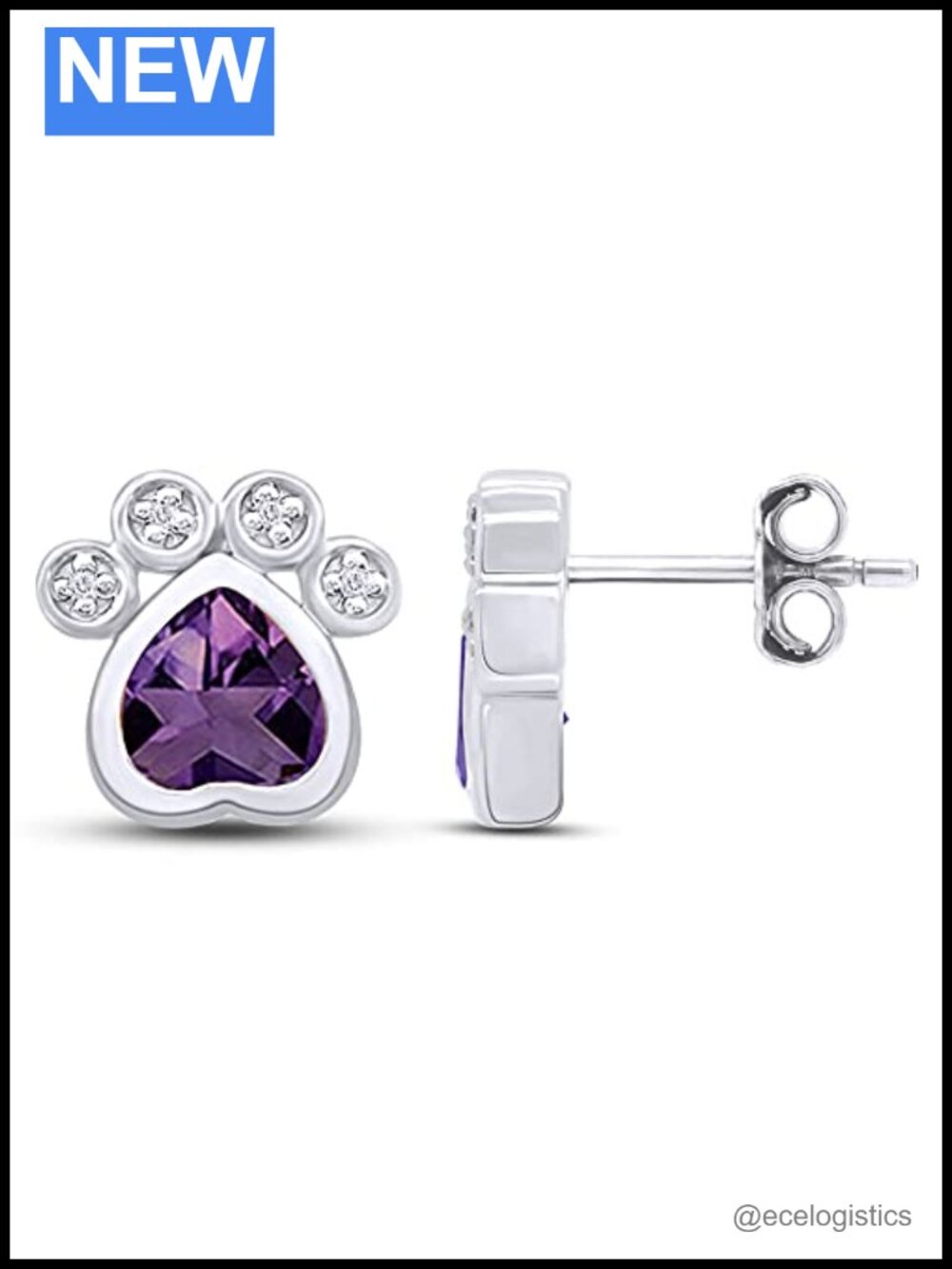 Paw Print Stud Earrings Sterling Silver 14k White Gold Over Cubic Zirconia